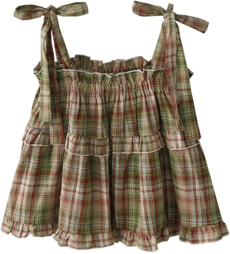 Vintage Square Plaid Tank Spaghetti Straps Gingham top Cute Tees for Women Button Straps Plaid To... | Amazon (US)