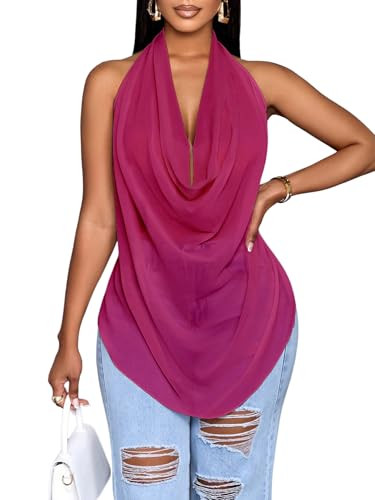 OYOANGLE Women's Cowl Neck Halter Top Backless Shirts Y2k See Through Draped Top Going Out Tank T... | Amazon (US)
