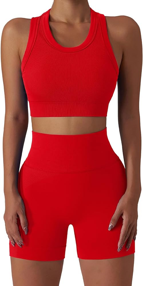 ABOCIW Workout Sets for Women 2 Piece Seamless Ribbed Tank Top Sport Bra High Waist Biker Shorts ... | Amazon (US)