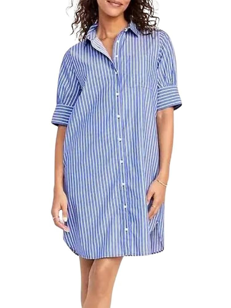 utcoco Women Striped Short Sleeve Shirt Dress Casual Loose Fit Button Down Mini Dress with Pocket... | Amazon (US)