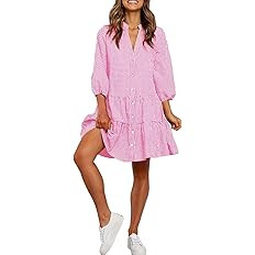 utcoco Women's 2025 Spring Summer Plaid Shirt Dress 3/4 Puff Sleeve Button Down Loose Casual Midi... | Amazon (US)