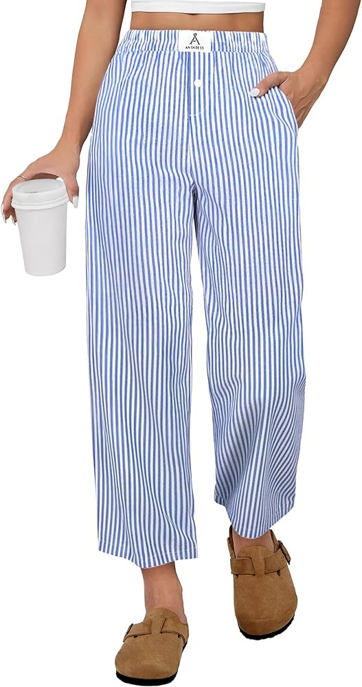 ANRABESS Womens Gingham Striped Pants, Palazzo & Cropped, Comfy & Cute, Lounge Pajama Plaid PJ Bo... | Amazon (US)