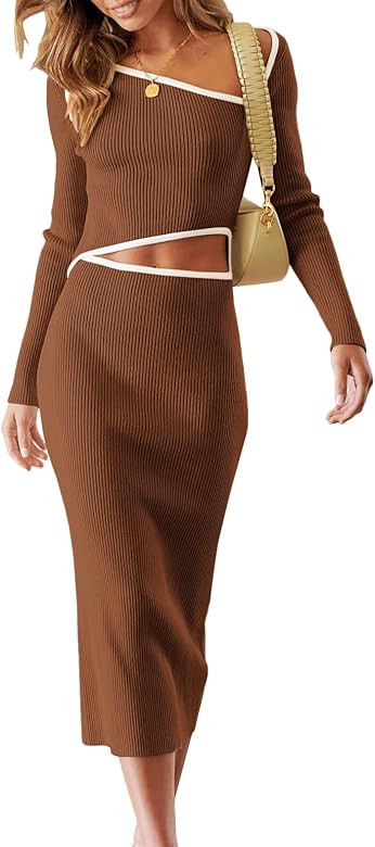 ANRABESS Women's One Shoulder Long Sleeve Asymmetric Slim Fit Cut Out Midi Long Sweater Dresses | Amazon (US)