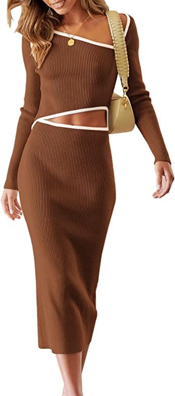ANRABESS Women's One Shoulder Long Sleeve Asymmetric Slim Fit Cut Out Midi Long Sweater Dresses | Amazon (US)