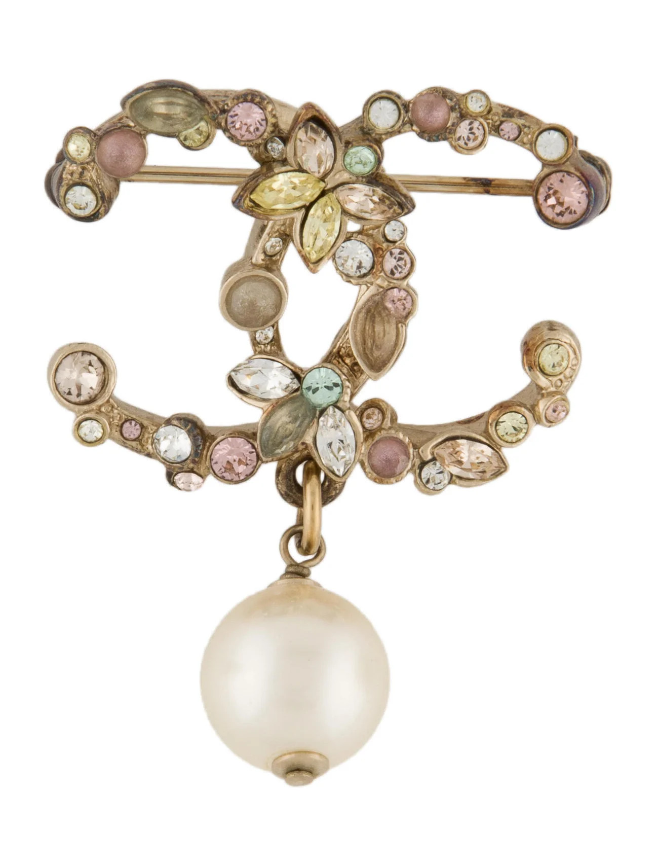 Faux Pearl & Strass CC Brooch | The RealReal