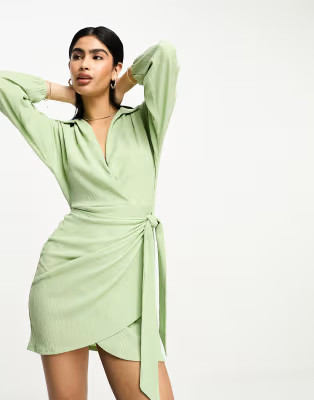 ASOS DESIGN long sleeve v neck wrap mini dress in mint | ASOS (Global)