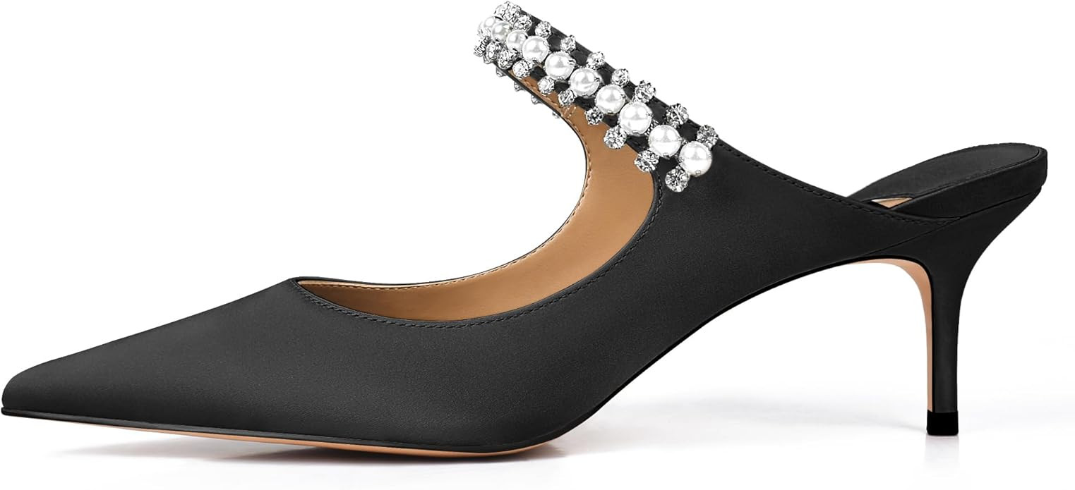 XINIUNIU Heeled Mules for Women Rhinestone Heels Pointed Toe Slip On 2.5 Inch Kitten Stiletto Clo... | Amazon (US)