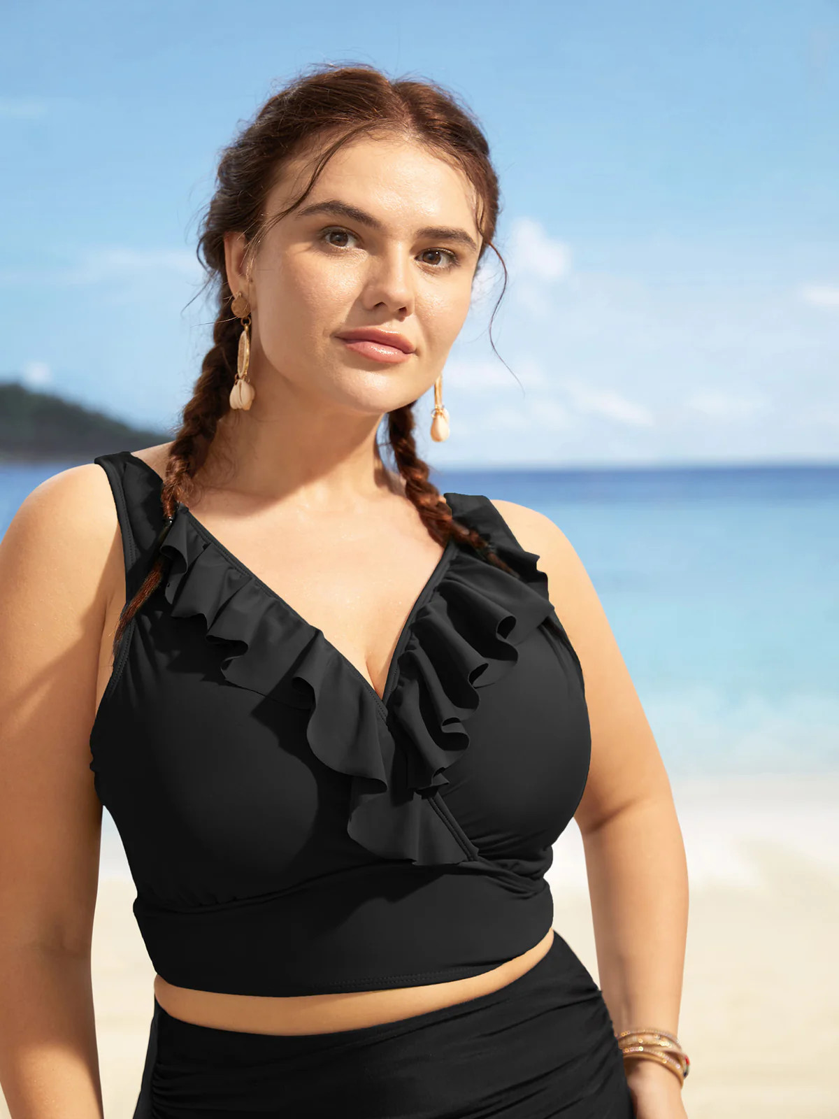 Solid Ruffle Surplice Neck Trim Swim Top | Bloomchic