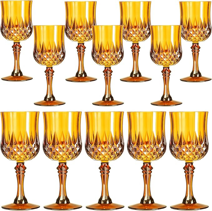 XKXKKE 12 Pcs Amber Plastic Wine Glasses, Plastic Water Goblets for Parties, Stemmed Drinking Gla... | Amazon (US)