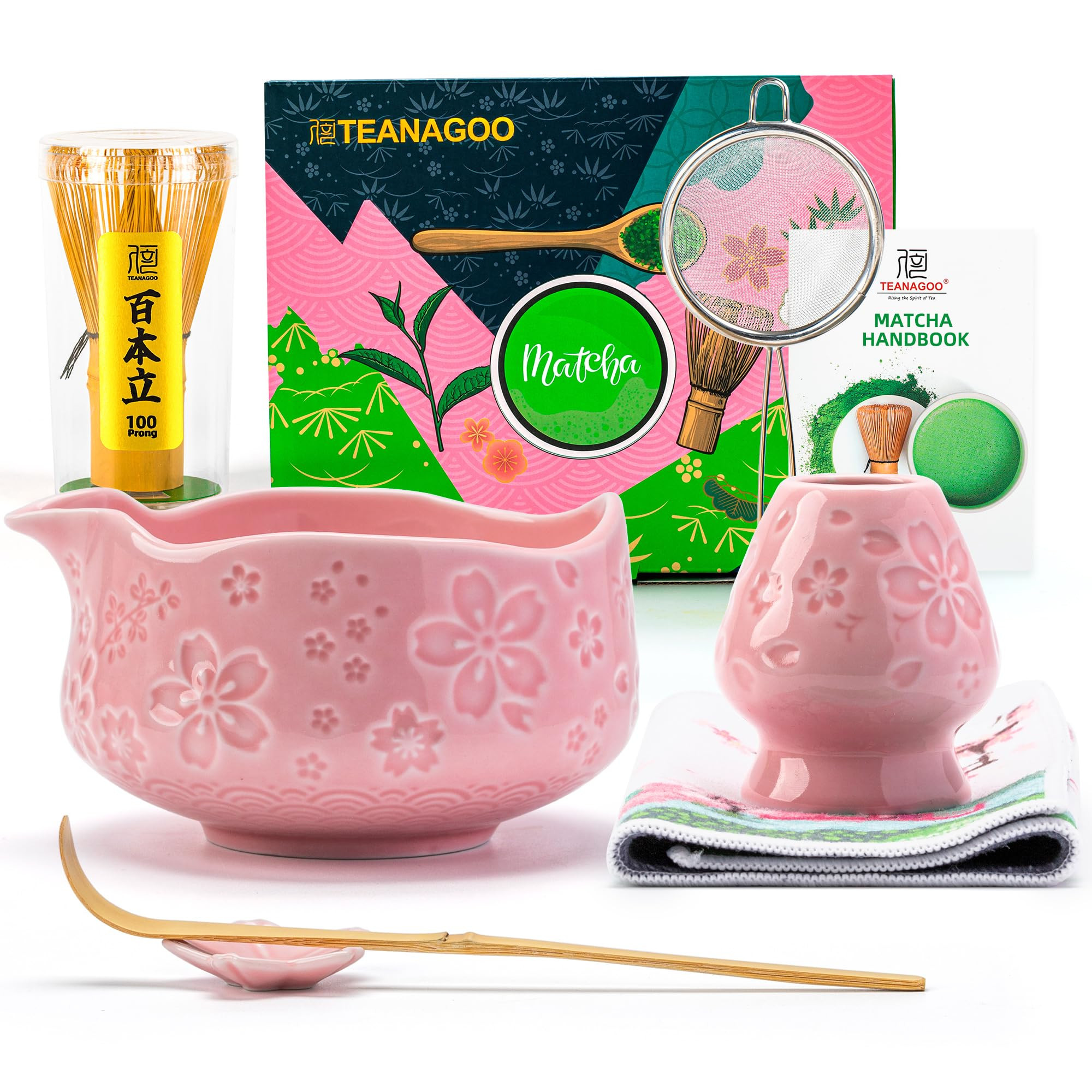 TEANAGOO 7-PCS Pink Matcha Whisk Set with Cherry Blossom Design, Complete Ceremony Kit, Ceramic C... | Amazon (US)