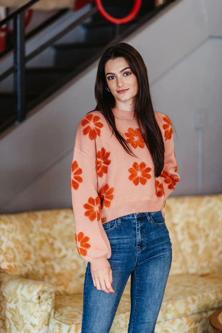 Simply Southern Daisy Print Cropped Sweater for Women in Peach Orange | Glik's