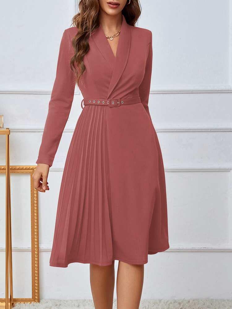 Shawl Collar Pleated Hem Belted Dress | SHEIN