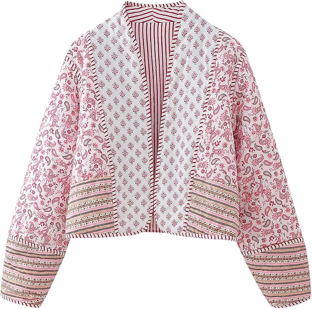 Yimoon Women's Cropped Puffer Jacket Vintage Floral Print Open Front Lightweight Short Jacket Out... | Amazon (US)