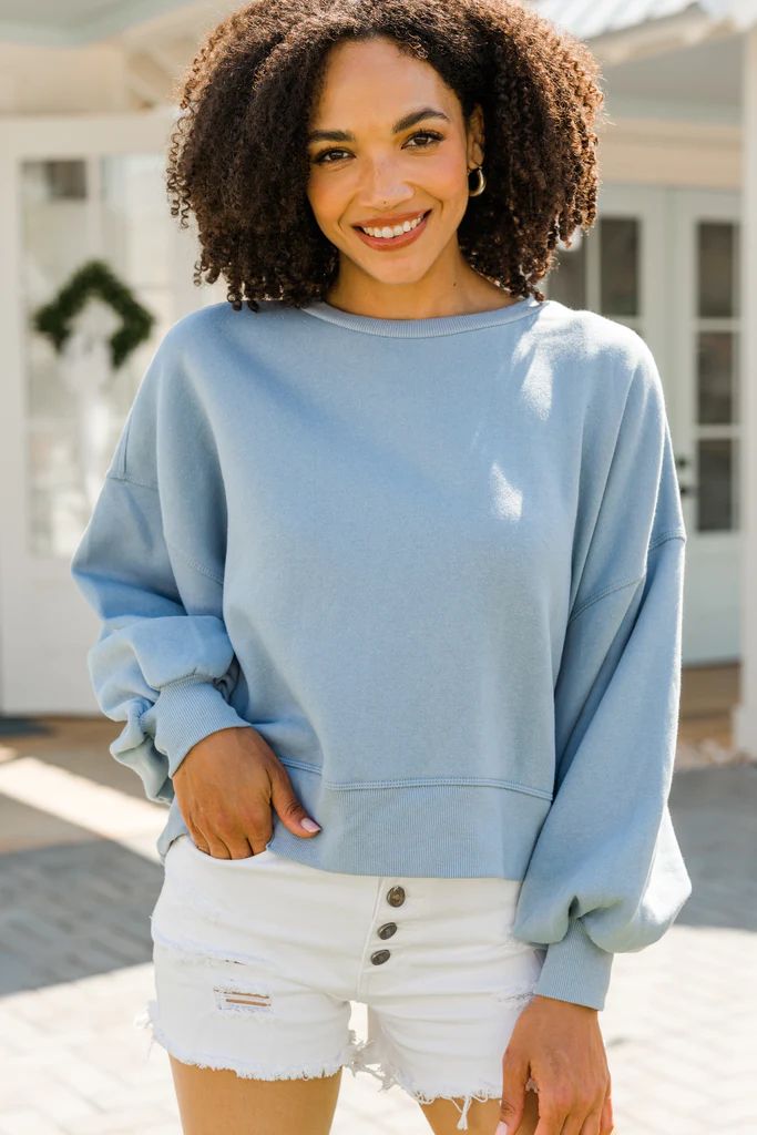 Look At You Go Ash Blue Bubble Sleeve Pullover | The Mint Julep Boutique