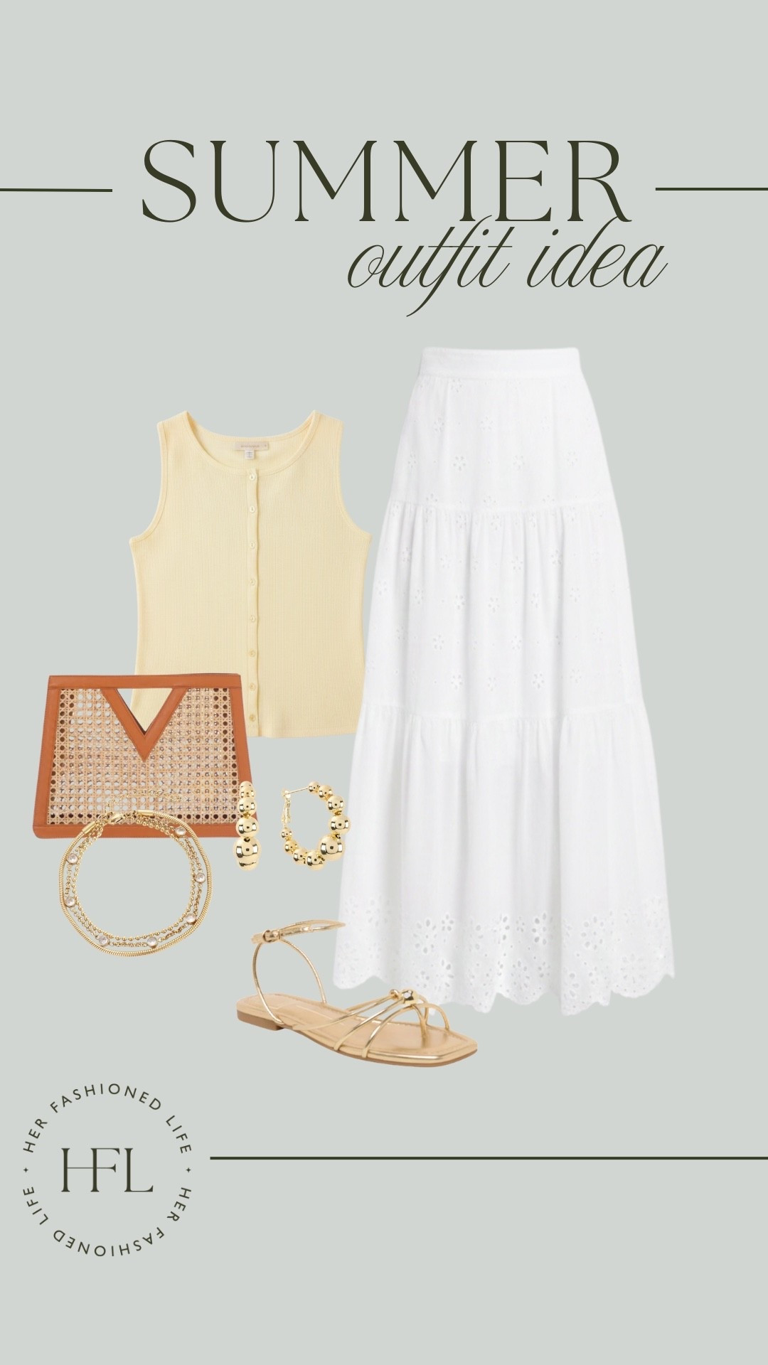 Belk Outfit Idea for the Summer! ☀️

#ButterYellow #Sandals #DolceVita #CaneBag #Jewelry #EyeletSkirt #WhiteSkirt #Tank

#LTKOver40 #LTKSeasonal #LTKootd