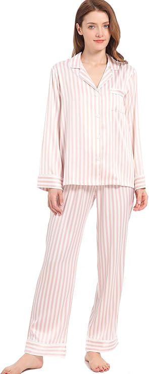 Serenedelicacy Women's Silky Satin Pajamas Button Up Long Sleeve PJ Set Sleepwear Loungewear | Amazon (US)