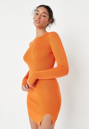Missguided - Orange Crew Neck Side Split Knit Mini Dress | Missguided (US & CA)