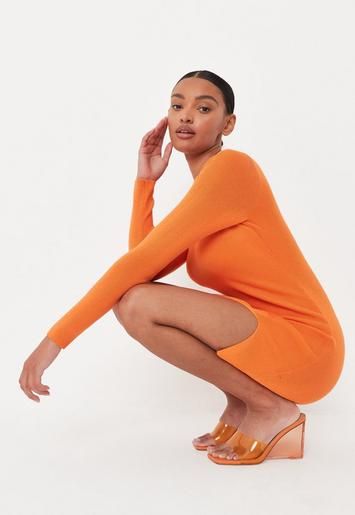 Missguided - Orange Crew Neck Side Split Knit Mini Dress | Missguided (US & CA)