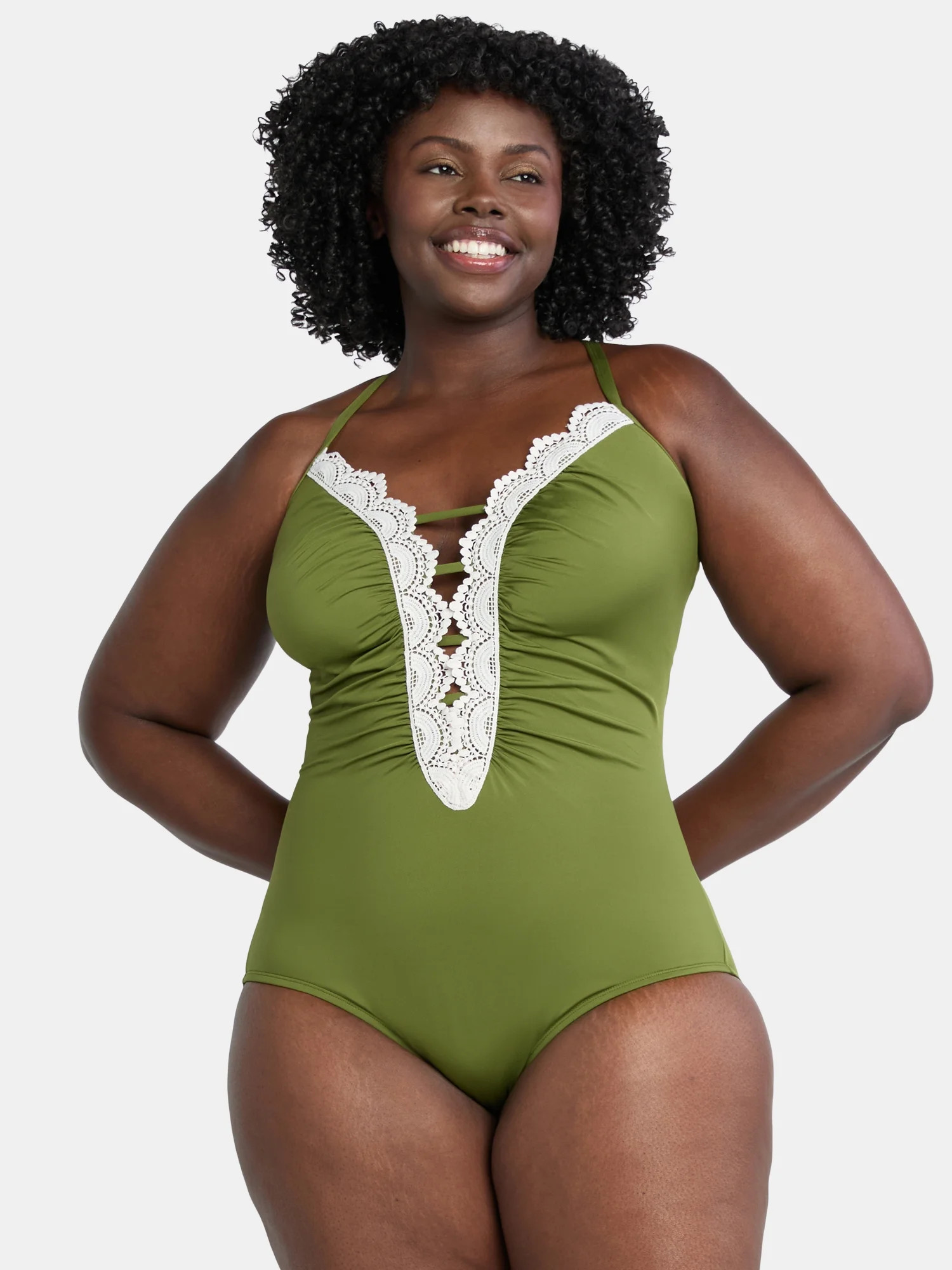Time and Tru Women's and Women’s Plus Plunge One Piece Swimsuit with Crochet Lace Trim, Sizes X... | Walmart (US)