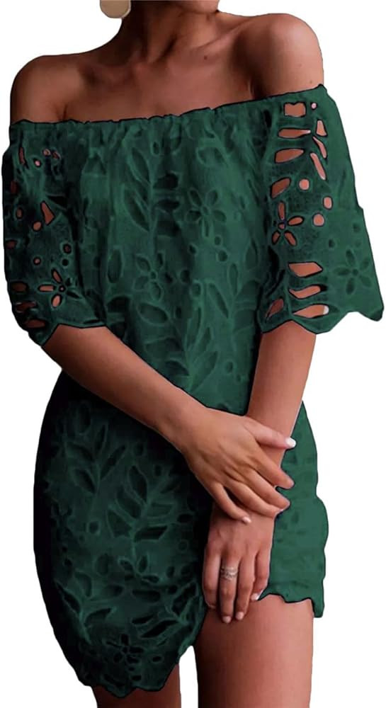 PRETTYGARDEN Women's Summer Off Shoulder Vintage Floral Lace Flare Short Sleeve Loose Elegant Mini D | Amazon (US)