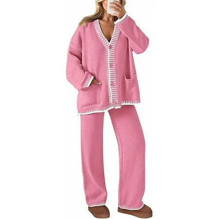 PRETTYGARDEN Women s 2 Piece Outfits Knit Matching Lounge Sets Long Sleeve V Neck Cardigan Sweaters Wide Leg Pants Tracksuits | Walmart (US)