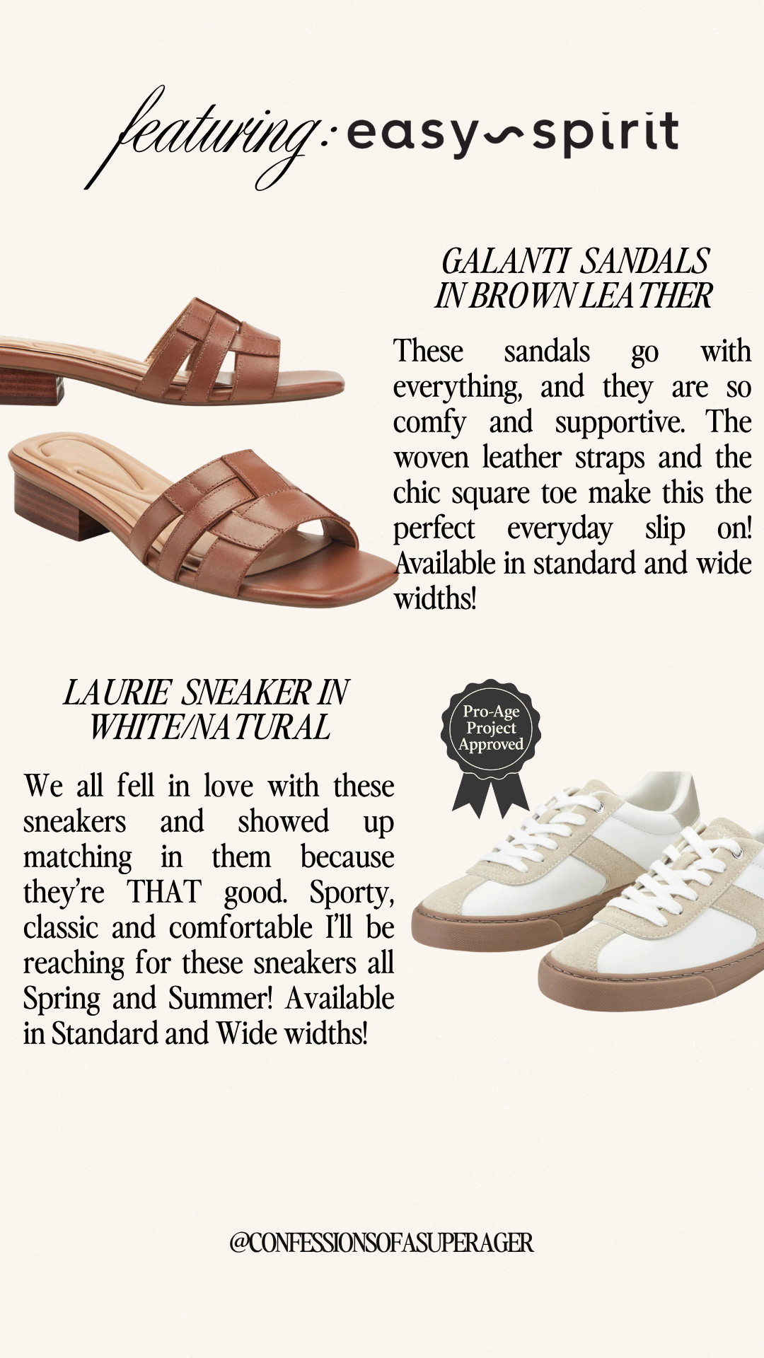 Step into effortless everyday style with these must-have Easy Spirit picks—featuring the ultra-comfy Galanti brown leather sandals and the sporty-chic Laurie sneakers in white/natural, both designed for all-day wear with supportive comfort and wide width options 🙌 Perfect for spring and summer outfits, travel days, casual looks, and elevated basics—these versatile shoes will be on repeat all season long. Tap to shop and upgrade your wardrobe staples now! #EasySpirit #ComfortStyle #SpringFashion #SummerStyle #WideWidthShoes #ComfortableShoes #CasualChic #EverydayStyle #TravelOutfits #AthleisureStyle #OOTD #StyleInspo #LTKStyle #LTKFinds #Over40Style 

 

#LTKootd #LTKOver40 #LTKSaleAlert