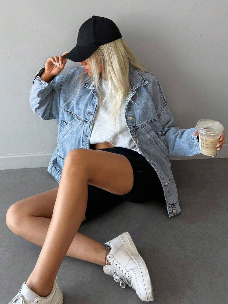 ZIRRA Women's Drop Shoulder Long Sleeve Single Breasted Casual Loose Denim Jacket | SHEIN