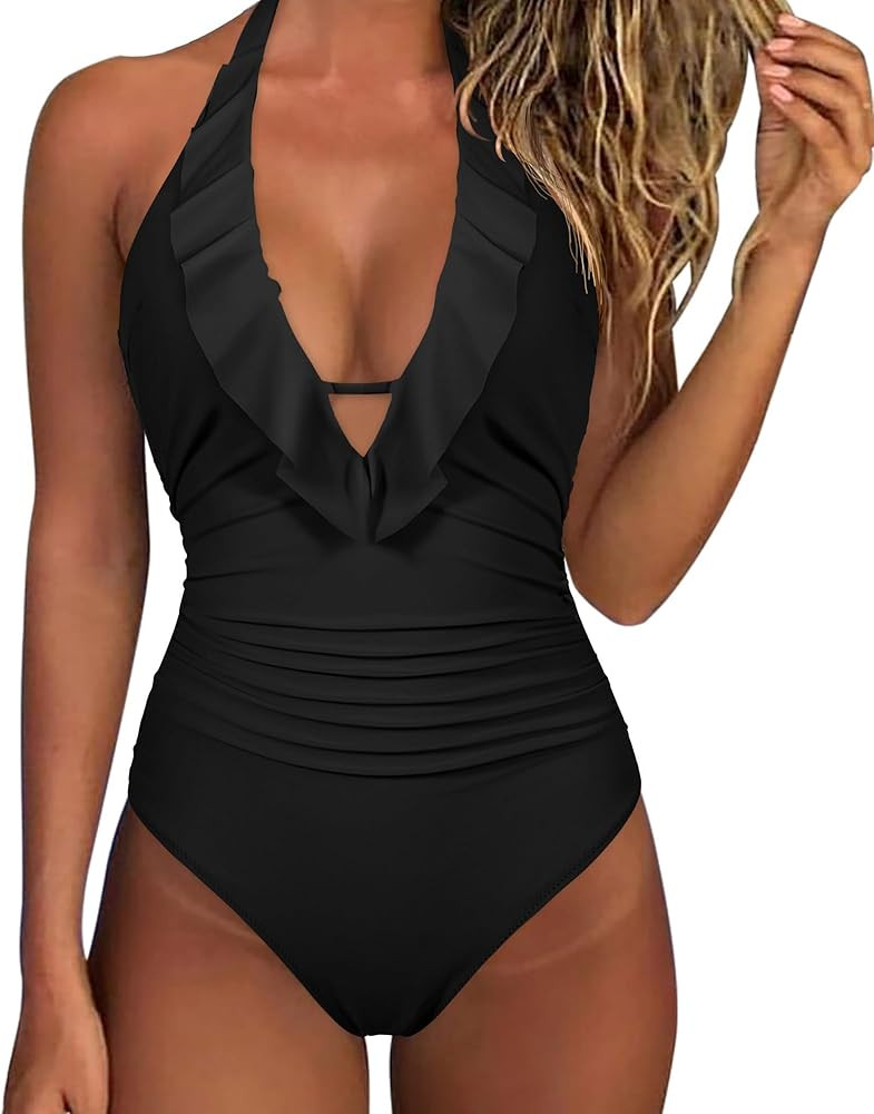 SUUKSESS Women Sexy Halter One Piece Swimsuits Ruffle Tummy Control Bathing Suit | Amazon (US)
