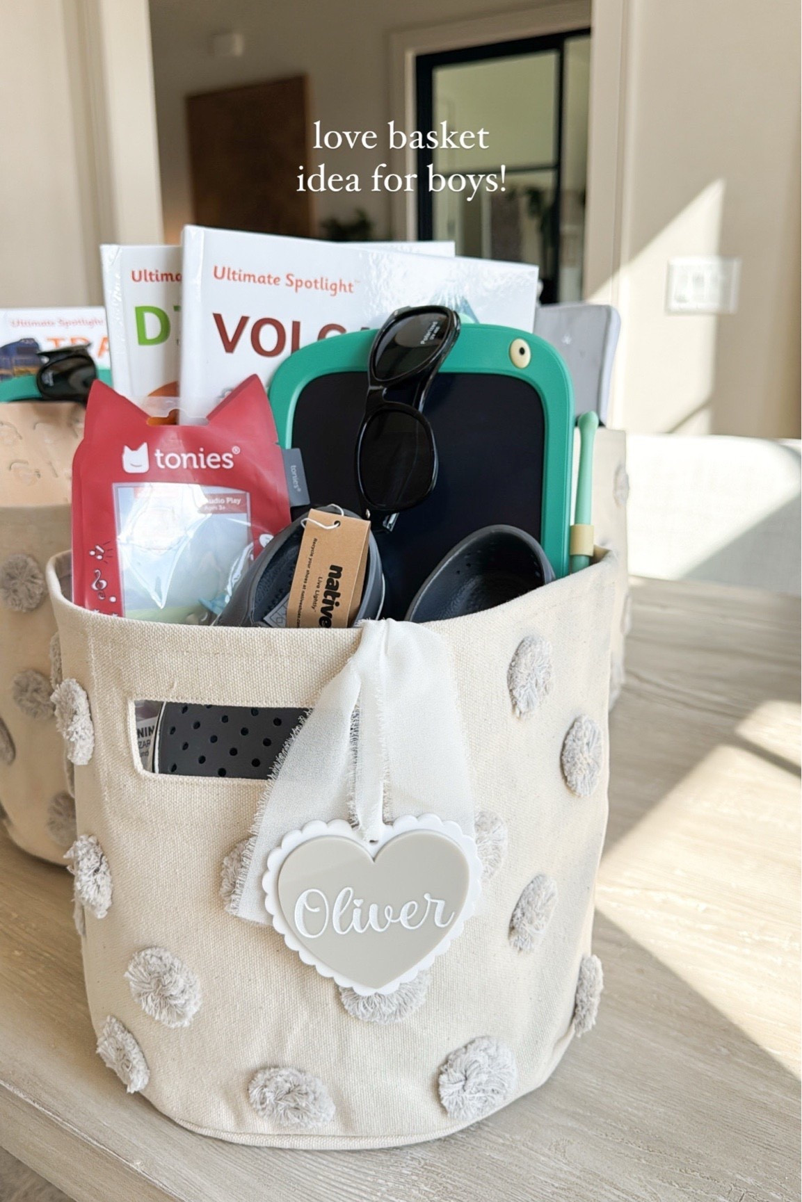 Love basket ideas for boys! I reuse baskets we already have, add filler, & include a book, tonie, & something they need (bigger shoes, etc). Added a little name tag that I found on Amazon too! 

#LTKKids #LTKSeasonal #LTKValentine