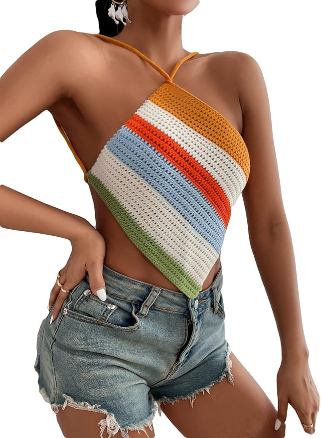 Romwe Women's Colorblock Criss Cross Backless Bandana Hem Halter Crop Top | Amazon (US)