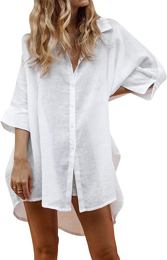 Auxo Women Long Sleeve V Neck Pocket Shirt Dress Tunic Top Casual Solid Charade Blouse | Amazon (US)
