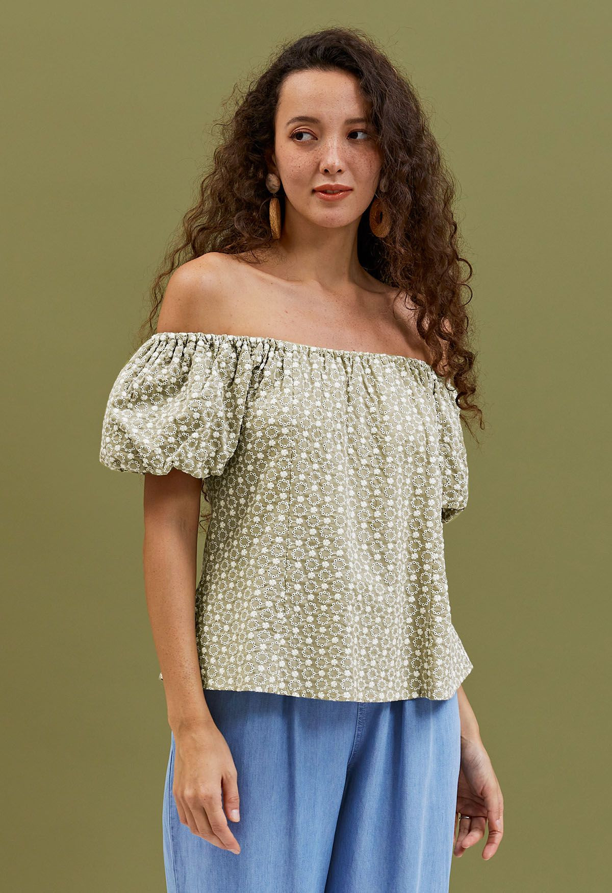 Floret Embroidered Eyelet Off-Shoulder Dolly Top in Sage | Chicwish