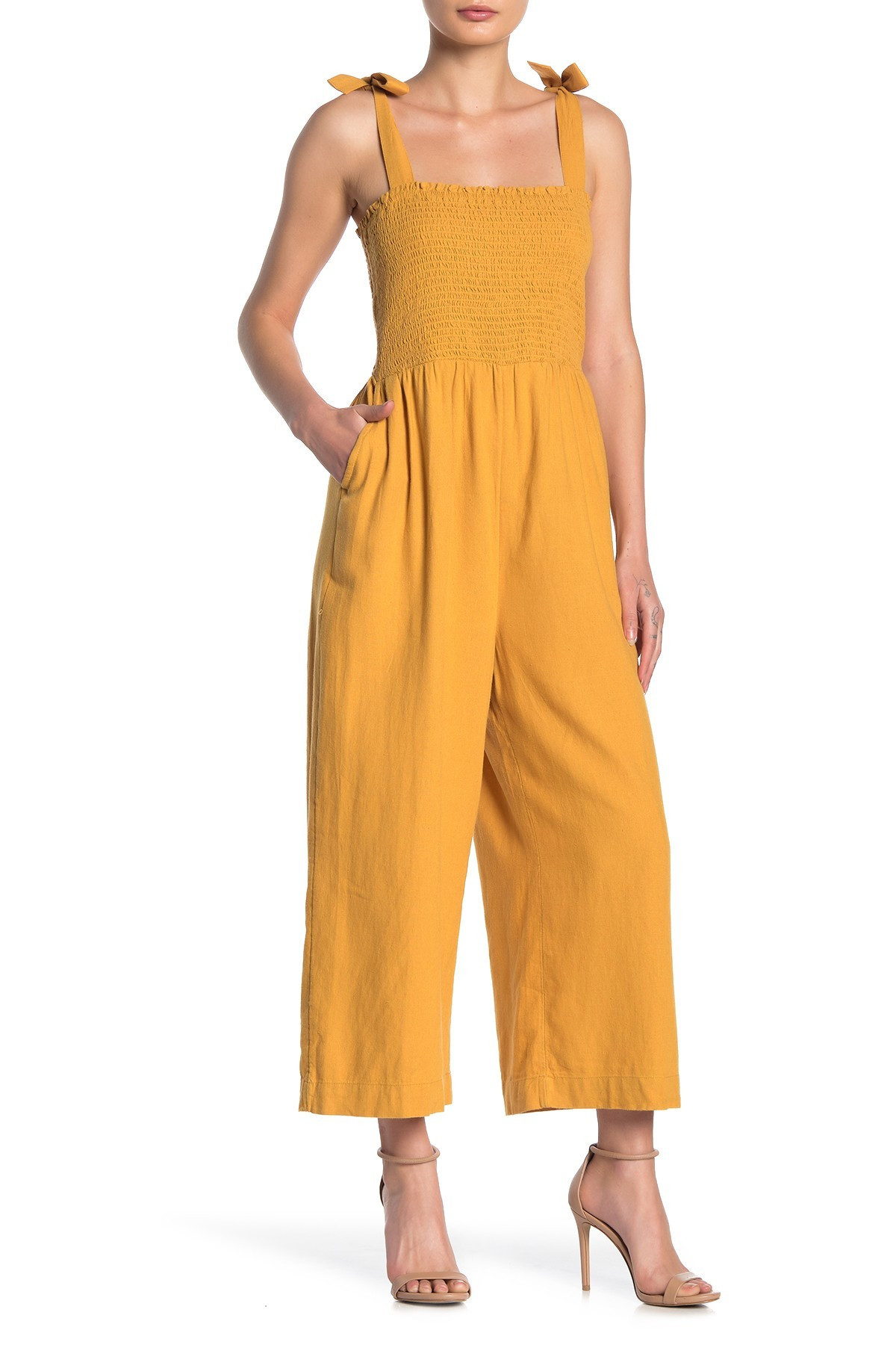 Tie Strap Smocked Linen Blend Crop Jumpsuit (Regular & Petite) | Nordstrom Rack