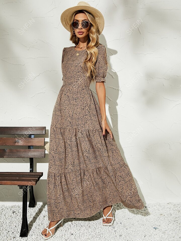 SHEIN VCAY Dalmatian Print Puff Sleeve Ruffle Hem Dress | SHEIN