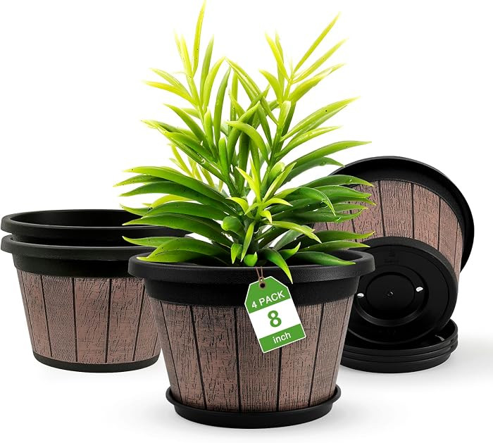 Quarut 4 Pack 8 inch Pots for Plants,Upgrade Whiskey Barrel Planters | Amazon (US)
