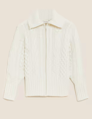 Wool Rich Cable Knit Collared Cardigan | Autograph | M&S | Marks & Spencer (UK)