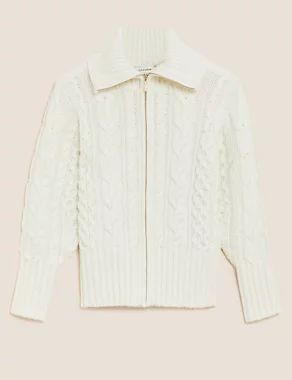 Wool Rich Cable Knit Collared Cardigan | Autograph | M&S | Marks & Spencer (UK)