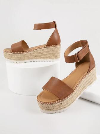 Faux Leather Open-Toe Platform Espadrille Wedges | SHEIN