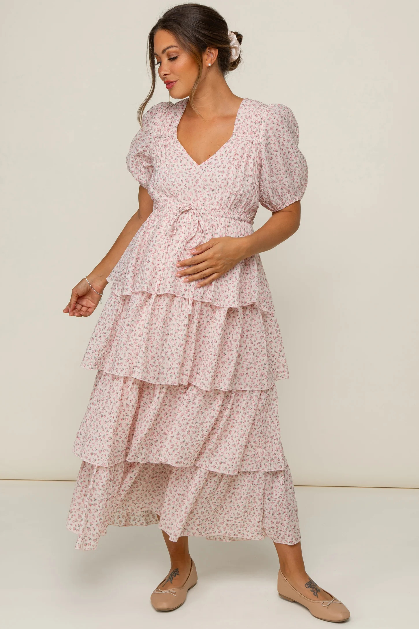 Light Pink Floral Ruffle Tiered Maternity Maxi Dress | PinkBlush Maternity