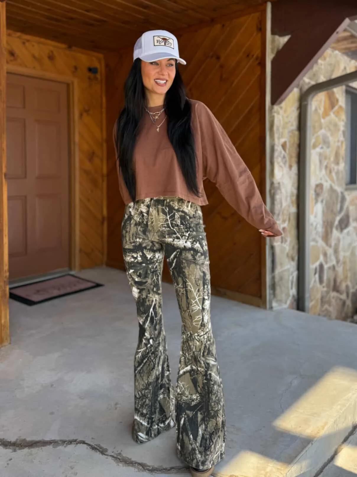 Fiona High Waisted Bell Bottom Flare Jeans - Moss Brown Camo | Willow Boutique