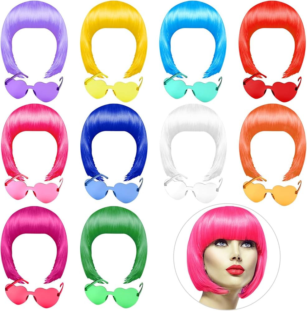 PLULON 20 Pieces Party Wigs and Sunglass Set, Neon Short Bob Wig Sunglass Pack Costume Colorful C... | Amazon (US)