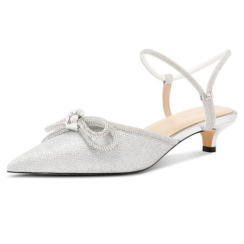 Aachcol Womens Close Toe Rhinestone Bow Kitten Heels Pointed Toe Low Heel Bow Pumps Adjustable Ankle Strap Bridal Prom Wedding Dress Shoes Silver Glitter 6 M US | Amazon (US)