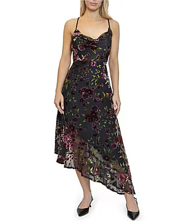 Stevie by Steve Madden Velvet Burnout Drape Neck Asymmetrical Hem Lace Up Back Midi Dress - M | Dillard's