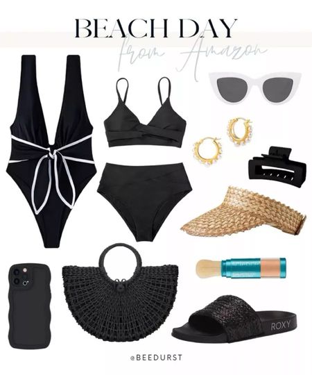 Beach day outfit, swim, pool day outfit, vacation outfit, swimsuit, black swimsuit, one piece swim suit, jute slide sandals, sun hat, straw bag, brush on sunscreen, spring outfit, summer outfit, resort wear

#LTKswim #LTKitbag #LTKSeasonal
