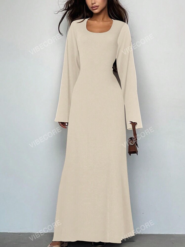 Damen Lässig Rundhals Bodycon Kleid Mit Langen Glockenärmeln Und Rückenbindung, Elegantes Tageskleid Für Herbst Und Winter | SHEIN