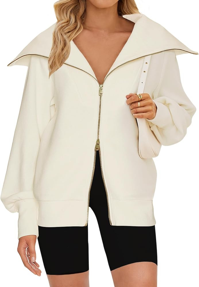 MEROKEETY Women's 2023 Long Sleeve Zip Up Sweatshirt Lapel Ribbed Y2K Trendy Jacket with Pockets | Amazon (US)