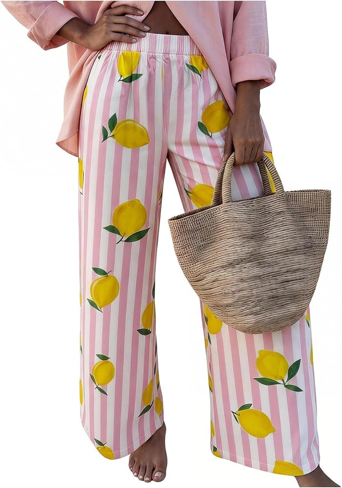 SweatyRocks Women's Lemon Striped Elastic Waist Pants Wide Leg Loose Beach Trousers with Pockets | Amazon (US)
