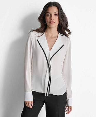 Women's Long Sleeve Trimmed Lapel Blouse, Regular & Petite | Macy's