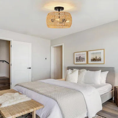 Boho Rattan Ceiling Light Fixture, Semi Flush Mount Chandelier, Farmhouse Coastal Wicker Lighting For Kitchen, Bedroom, Foyer, Nursery, Entryway | Wayfair North America
