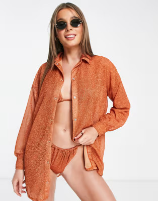 ASOS DESIGN glitter beach shirt in rust - part of a set | ASOS (Global)